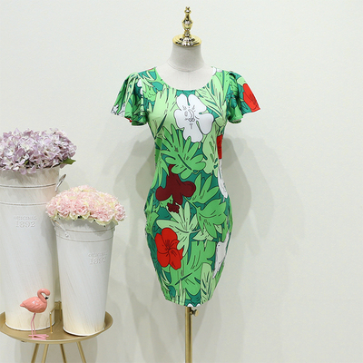 二期2016秋装女装植物清新印花喇叭袖修身连衣裙6Q82