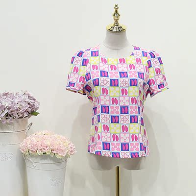 二期2016夏装韩版圆领印花修身短袖上衣6X1744
