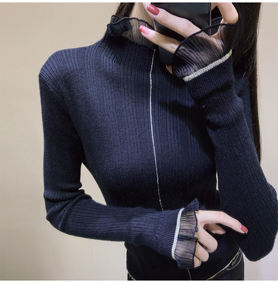 欧洲站2018秋冬新款欧货温柔风拼接网纱领针织打底衫女潮打底毛衣