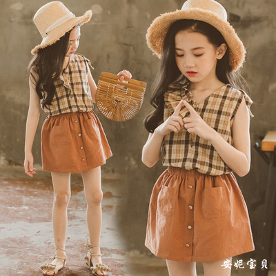 女童夏装2018新款时髦套装韩版潮衣复古棉麻儿童夏季两件套中大童