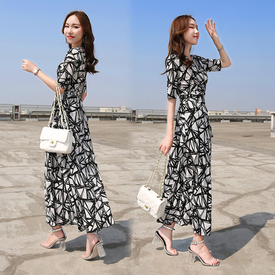 2018新款女装夏装修身高腰长款连衣裙女气质收腰中袖v领长裙大码