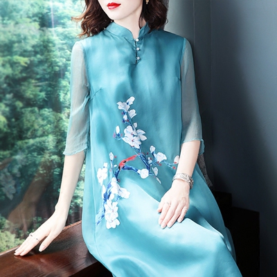 中国风印花重磅真丝连衣裙女2018新款大牌宽松桑蚕丝改良旗袍夏季