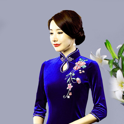 旗袍冬款2016新款金丝绒旗袍长款长袖秋冬女