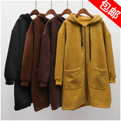 包邮【2.5斤】冬季连帽加绒拉链中长灯芯绒棉衣外套38503Q