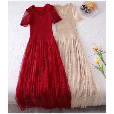 包邮 很仙网红同款钉珠网纱连衣裙女短袖高腰显瘦仙女裙150909