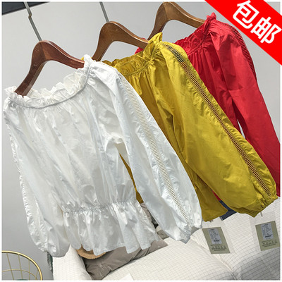 包邮 2019春季百搭一字领灯笼袖衬衣套头韩版松紧腰衬衫41075