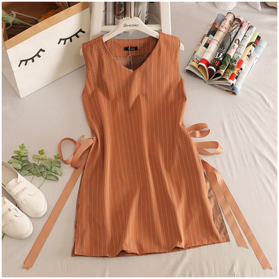 淘淘衣裳 夏季新品气质开叉V领无袖系带连衣裙女33559