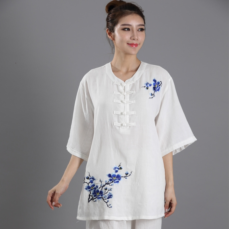 太極服女亞麻棉麻刺繡繡花夏季新款練功服短袖中老年晨練服太極拳在類目 運動/瑜伽/健身/球迷用品, 跆拳道/武術/搏擊, 太極, 太極服中 - 來自Buy2taobao.com提供專業的淘寶代購服務