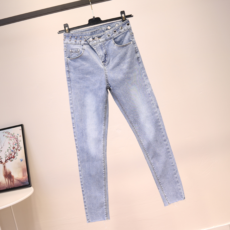 Korean Edition Irregular Paige rivet Jeans 2019 Spring and summer new pattern Self cultivation Wear white Elastic force Nine points Pencil Pantsin the Women's clothing/Boutique , Jeans category - from Buy2taobao.com to provide professional Taobao agent buy service