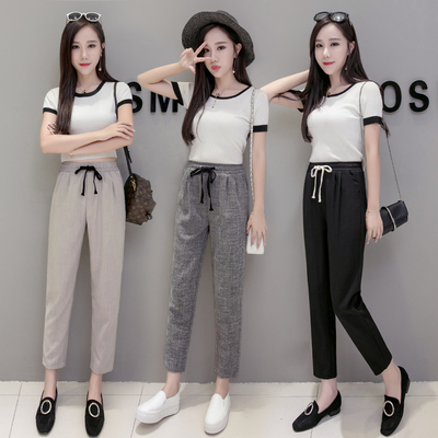 夏季薄款九分高腰哈伦裤女棉麻大码宽松显瘦小脚裤休闲亚麻长裤子