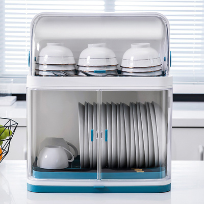装碗筷收纳箱带盖家用沥水架放碗碟收纳盒多功能分层厨房台面碗柜
