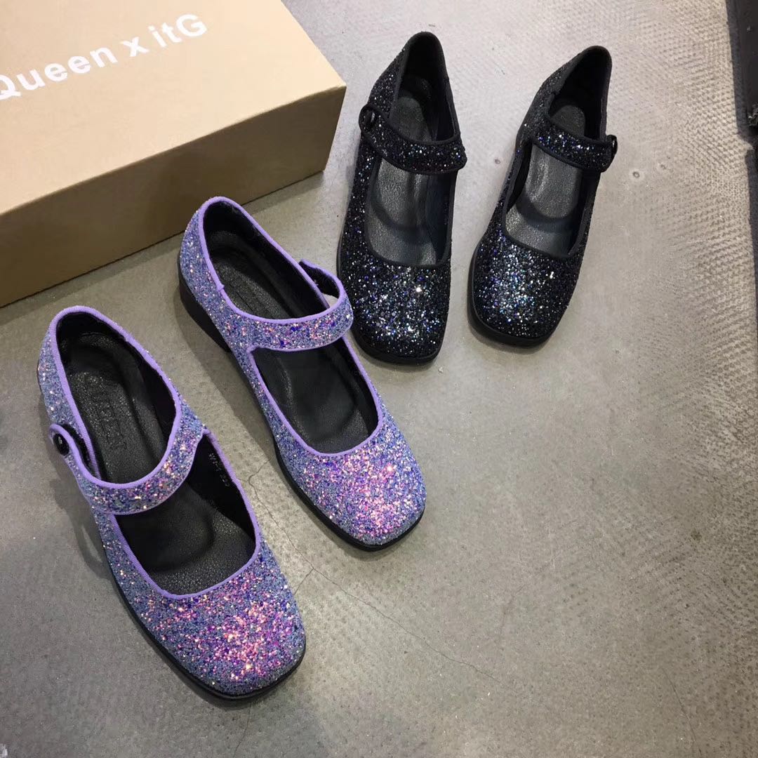 2019 Spring the republic of korea Eastgate Sparkling bingbing Sequins Square Shallow mouth one word Mary With crude Single shoesin the Women's Shoes, Low shoes category - from Buy2taobao.com to provide professional Taobao agent buy service