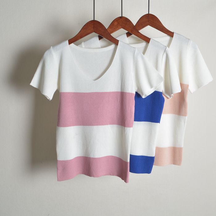Summer new T-shirt V-neck Thin section Ice Cotton Short sleeved Color matching knitting Socket Self cultivation Show thin Women's wearin the Women's clothing/Boutique , Wool sweater category - from Buy2taobao.com to provide professional Taobao agent buy service