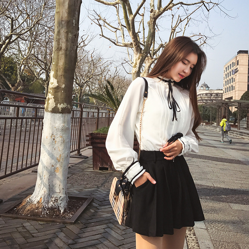 小鹿要飞2017春装新款韩版系带白色雪纺衫女长袖小香风蝴蝶结衬衫