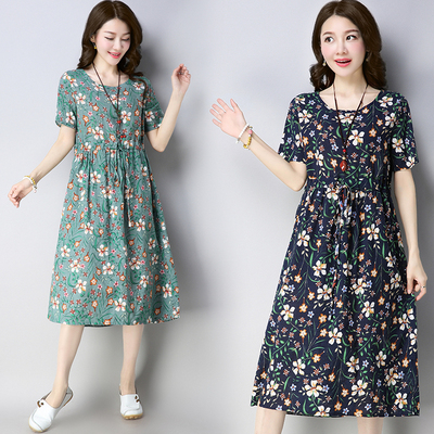 实拍2018夏装新款女装 韩版宽松收腰中长款棉麻连衣裙女抽绳系带