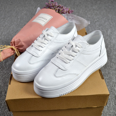 头层牛皮女小白鞋 真皮松糕鞋增高鞋运动鞋 杨幂同款透气舒适绑带