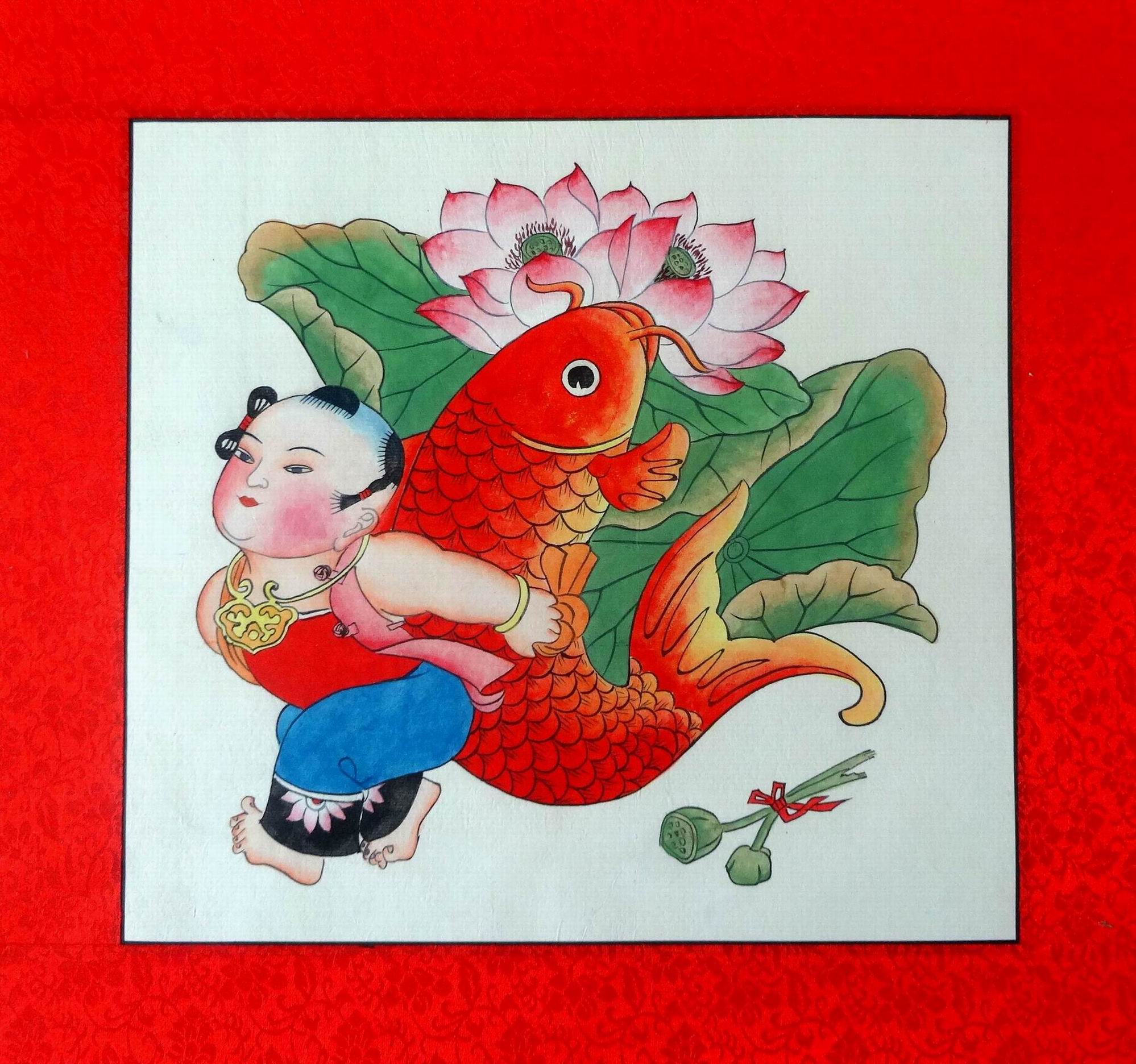 杨柳青年画 画片 连年有余 纯手绘 娃娃背鱼 40x40cm