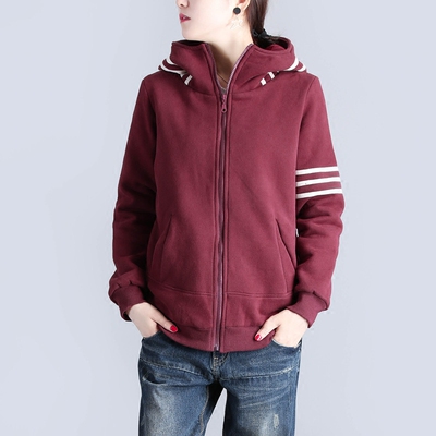 皇森2018冬季有里衬条纹拼接加厚抓绒卫衣女宽松连帽外套女开衫