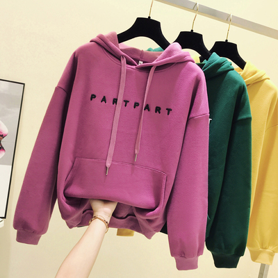 加绒加厚卫衣女2019秋冬新款韩版宽松字母刺绣连帽港风慵懒风外套