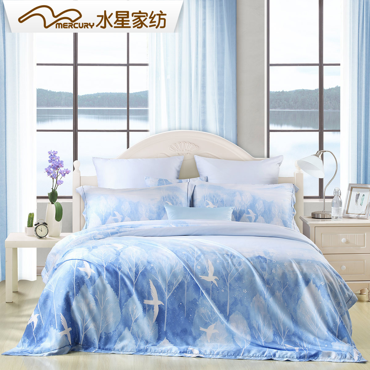 水星家纺双面天丝贡缎床单被套双人四件套蓝梦之歌正品床上用品在类目 床上用品, 床品套件/四件套/多件套中 - 来自Buy2taobao.com提供专业的淘宝代购服务