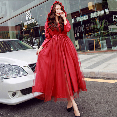 2019春秋新款名媛复古巫师帽外套裙女中长款双层网纱拼接风衣披风