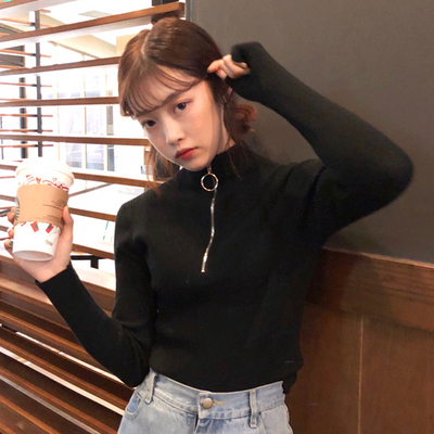 春装新款韩版复古圆环拉链半高领毛衣针织衫女修身打底衫上衣学生