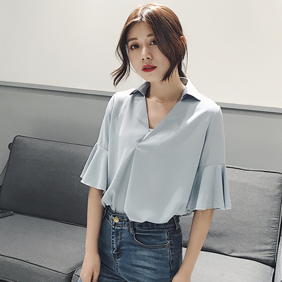 【天天特价】韩版V领白衬衫女韩范宽松百搭喇叭袖雪纺衫港味衬衣