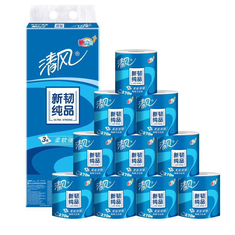 【天猫超市】 清风卷纸 新韧纯品 3层270段*10卷卷筒卫生纸巾