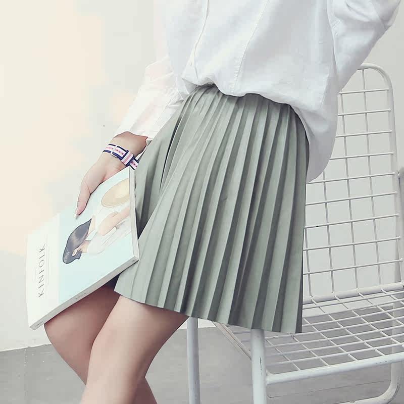 iFashion甜心 秋冬季新品韩版高腰显瘦短裙百褶裙女pu皮半身裙女