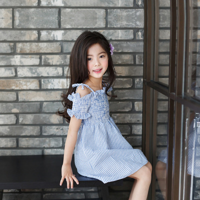 女童装夏季露肩连衣裙小女孩纯棉小清新一字领公主裙儿裙条纹裙子