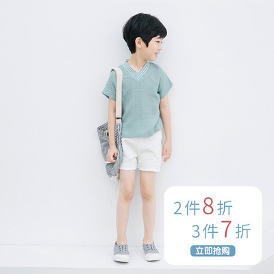2/3植木童装2018夏新款男童宽松纯棉儿童休闲百搭简约V领短袖衬衫