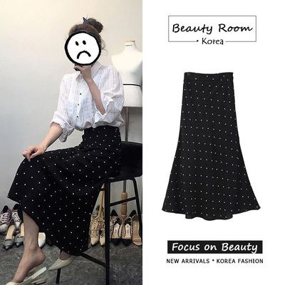 2018春夏新款韩国复古CHIC半身裙波点气质小鱼尾中长款高腰a字裙