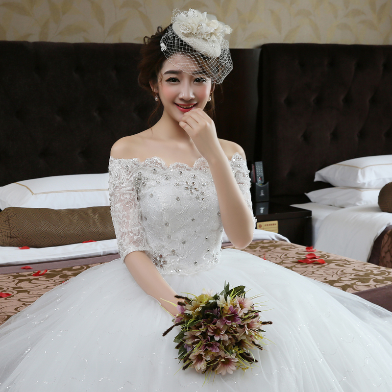 婚纱2018新款一字肩网纱绑带齐地婚纱新娘蕾丝中袖婚纱修身显瘦女|msdalam kategori Butik wanita / wanita, perkahwinan/Cheongsam/pakaian, perkahwinan - dari Buy2taobao.com untuk memberikan perkhidmatan ejen Taobao profesional membeli