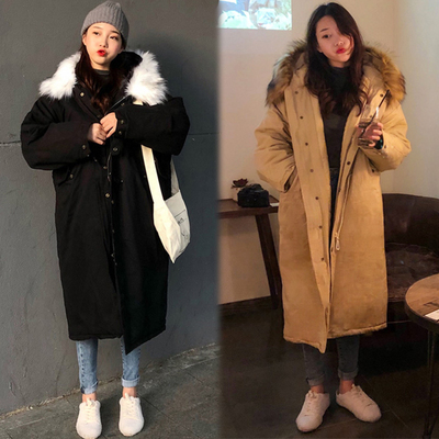 加厚宽松棉服女冬装过膝bf毛领大码中长款连帽棉衣外套胖MM200斤