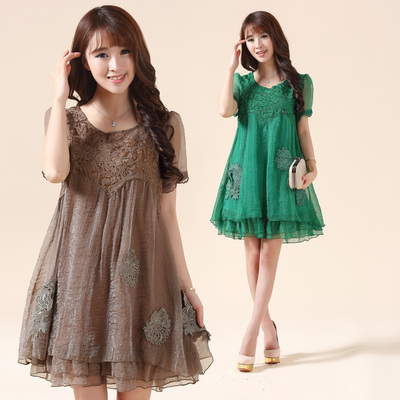 2018连衣裙夏装新品韩版宽松A字裙真丝邹刺绣大码短袖修身胖mm
