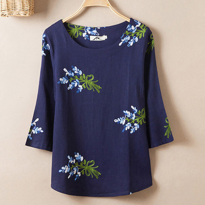 2018春夏新款宽松大码中年长袖女棉麻绣花上衣加肥加大T恤妈妈装