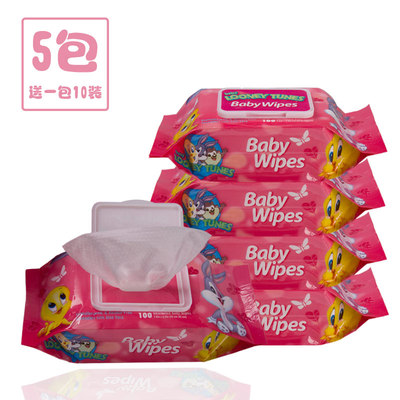 婴儿湿巾80+20抽带盖新生婴儿童宝宝手口湿纸巾加厚无香5连包包邮