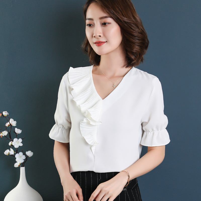 Carlin Funi Chiffon shirt spring clothes 2019 new pattern Korean Edition jacket Short sleeved Primer shirtin the Women's clothing/Boutique , Lace shirt/Chiffon shirt category - from Buy2taobao.com to provide professional Taobao agent buy service