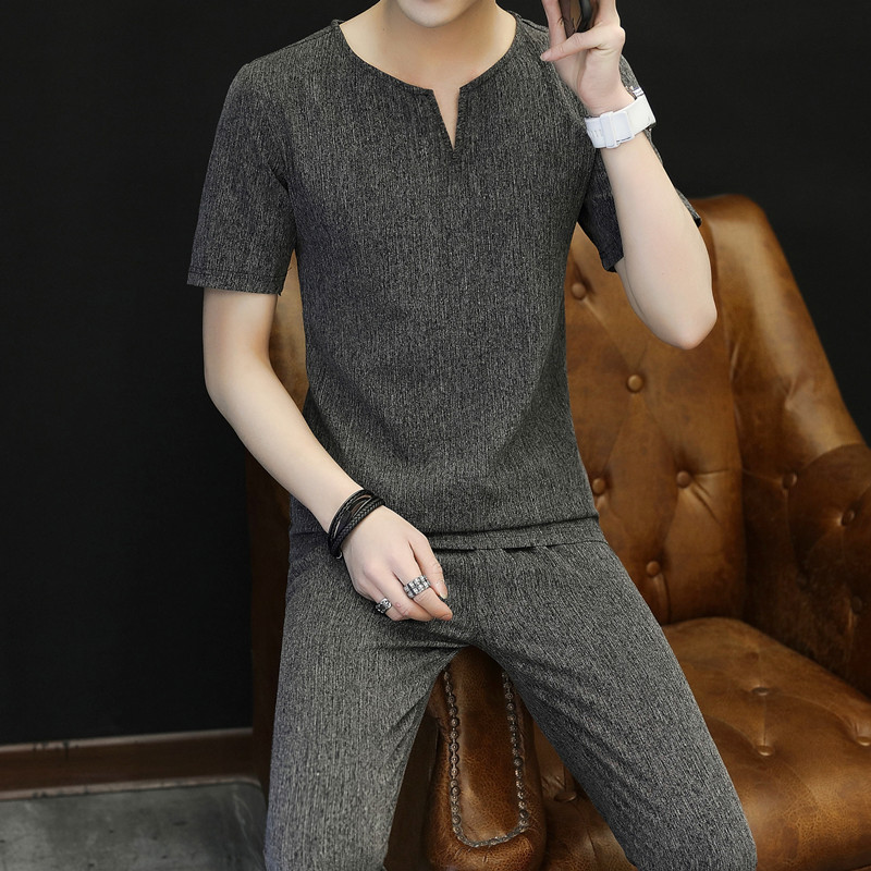 2019夏季套装男亚麻短袖T恤九分裤韩版男士棉麻休闲两件套装潮流在类目 男装, 套装, 休闲运动套装中 - 来自Buy2taobao.com提供专业的淘宝代购服务