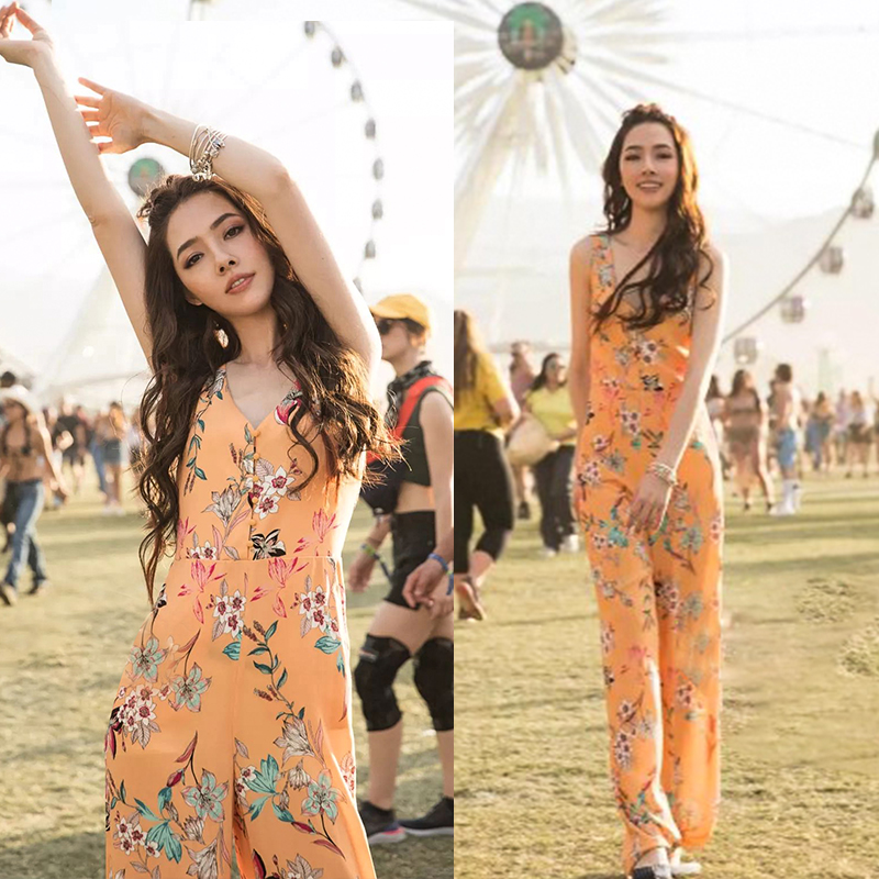 郭碧婷明星同款休闲连体裤女2019春夏新款碎花雪纺印花度假阔腿裤|msdalam kategori Butik wanita / wanita, seluar, seluar santai - dari Buy2taobao.com untuk memberikan perkhidmatan ejen Taobao profesional membeli
