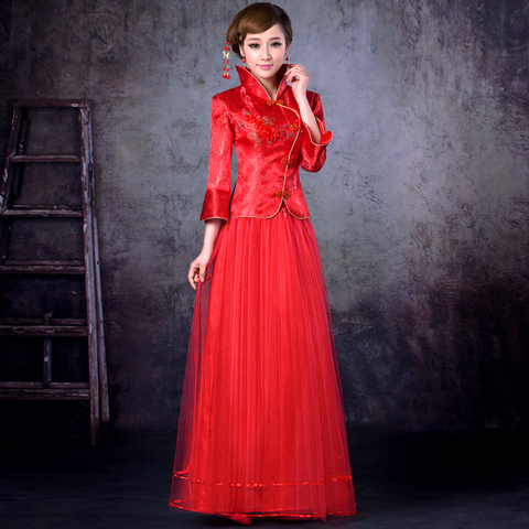 正品旗袍 新娘敬酒服中式晚礼服红色立领纱裙
