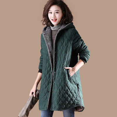 衣品乐原创大码中长款连帽加绒绿色外套女2018新款加厚宽松冬装