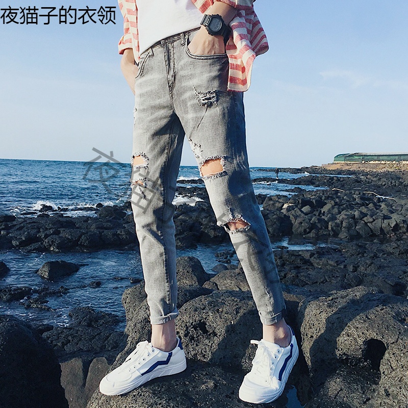 破洞九分牛仔裤男潮牌夏季薄款9分裤子男韩版潮流弹力修身小脚裤|msdalam kategori Butik wanita / wanita, pakaian/pakaian kebangsaan/peringkat pakaian, pakaian/pakaian Cina, seluar - dari Buy2taobao.com untuk memberikan perkhidmatan ejen Taobao profesional membeli