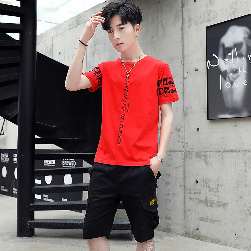 夏季套装男2019新款休闲装社会韩版潮流衣服夏天短袖t恤帅气一套|msdalam kategori Pakaian Lelaki, menetapkan, saman sukan Leisure - dari Buy2taobao.com untuk memberikan perkhidmatan ejen Taobao profesional membeli