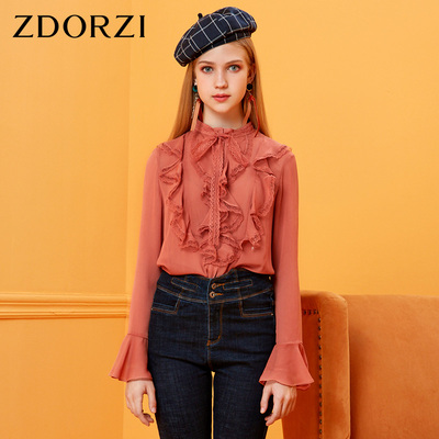 卓多姿港味复古衬衫女2018秋季新款时尚花边喇叭袖雪纺衫上衣韩范