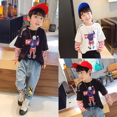 男童长袖T恤春装2020新款儿童假两件打底衫纯棉中大童春秋上衣潮