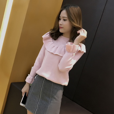 2017秋冬新品韩范气质名媛风木耳边圆领喇叭袖口钉珠荷叶边针织衫