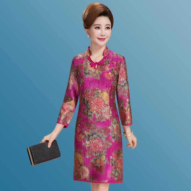 2018春秋季新款褶皱七分袖旗袍连衣裙婚宴礼服中老年妈妈装薄款裙在类目 女装/女士精品, 中老年女装中 - 来自Buy2taobao.com提供专业的淘宝代购服务