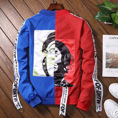 外套男秋季新款韩版潮流个性撞色飘带学生小丑棒球服拼接双色夹克