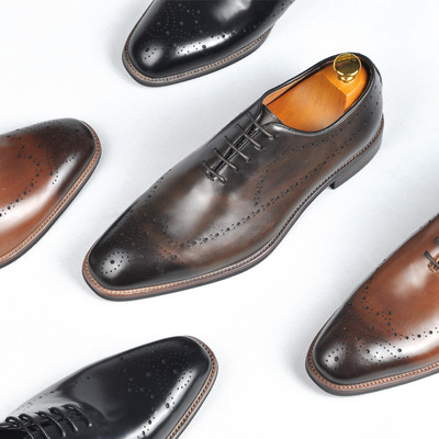 手工真皮男士商务正装皮鞋布洛克款式雕花男鞋固特异牛津鞋结婚鞋